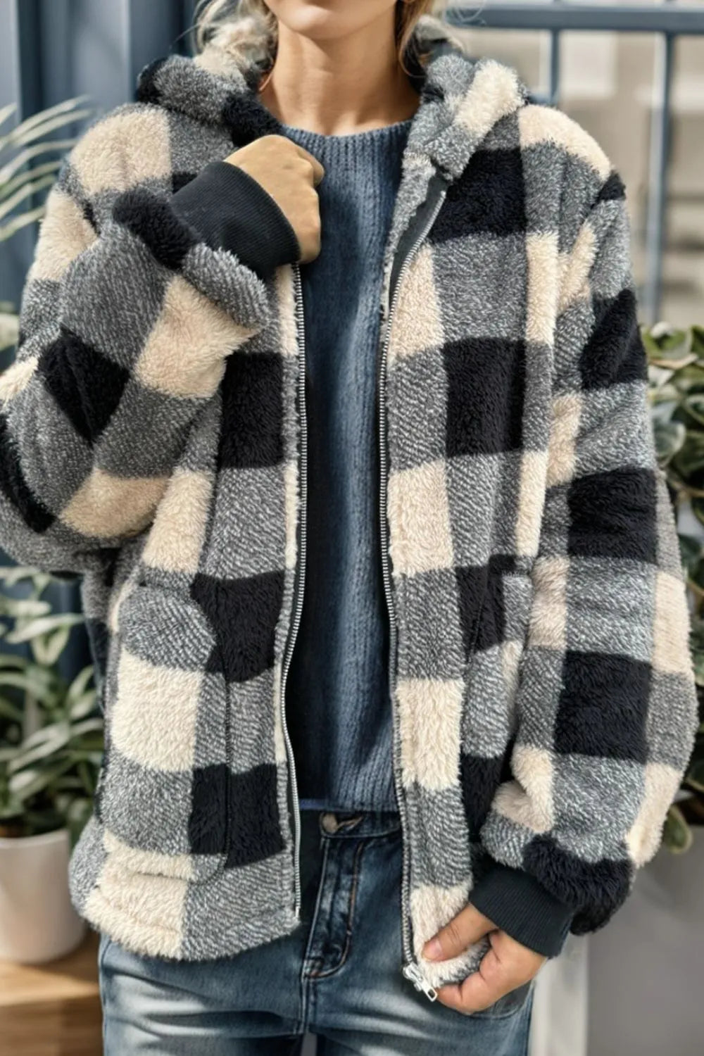 Double Take Full Size Plaid Long Sleeve Hooded Coat - Wellen Fashion