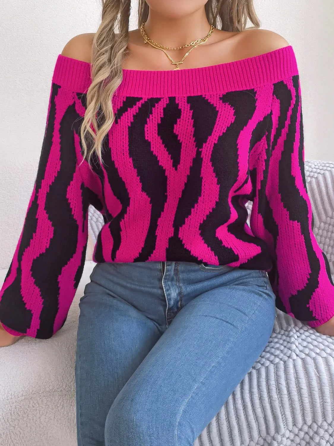 Off-Shoulder Animal Print Long Sleeve Sweater - Wellen Fashion