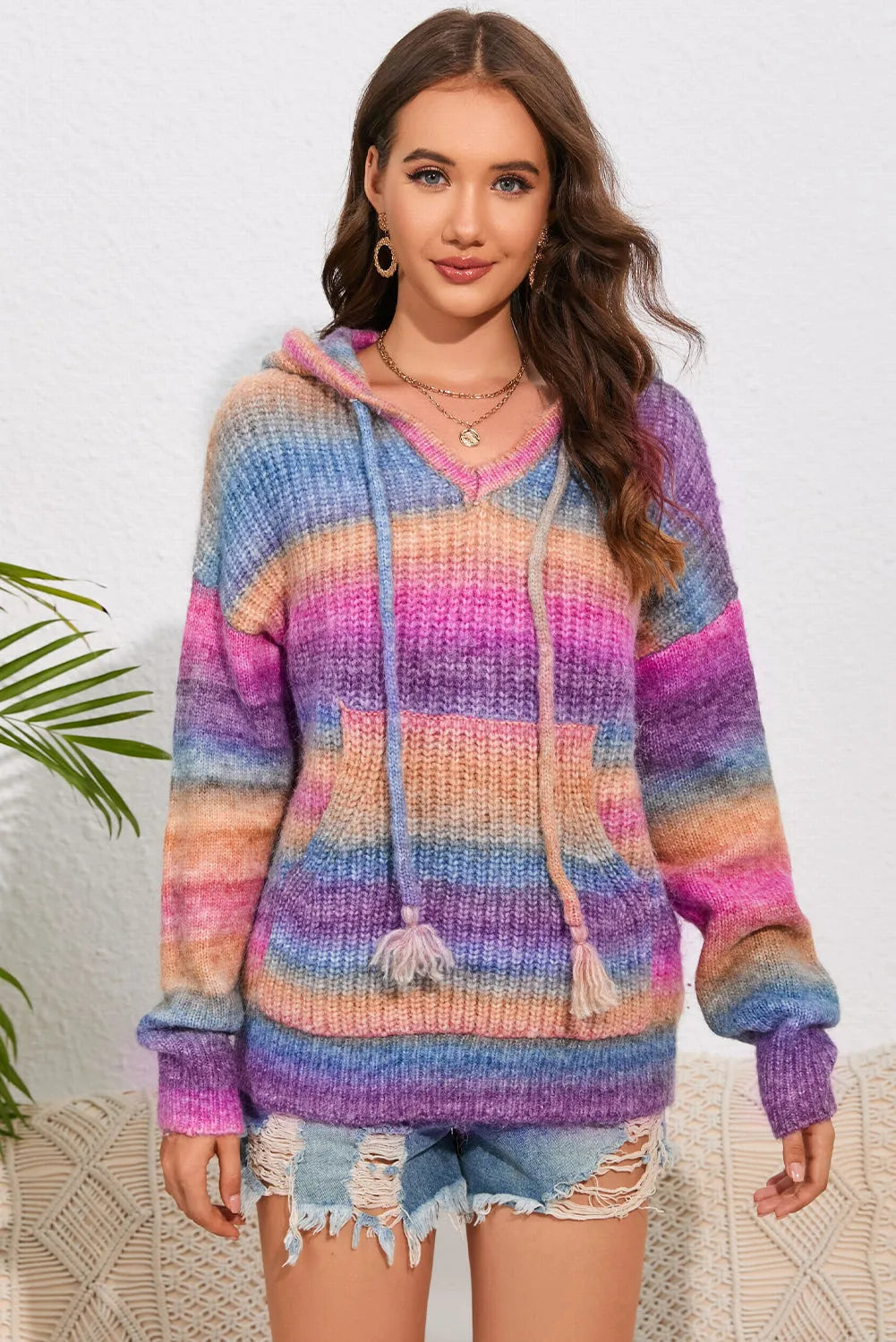 Multicolor Dropped Shoulder Hooded Sweater - Wellen Fashion