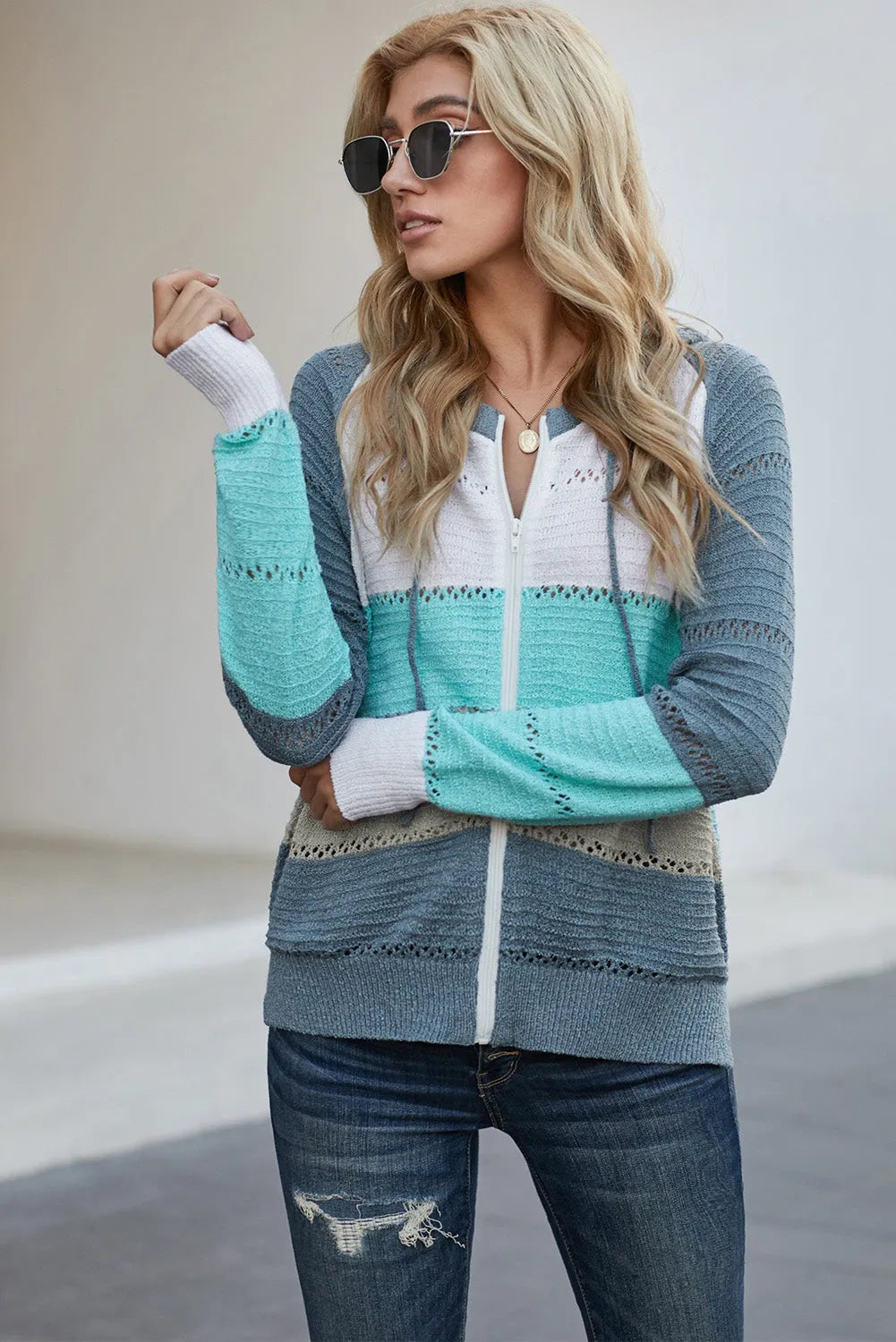 Zip-Up Raglan Sleeve Openwork Hooded Cardigan - Wellen Fashion