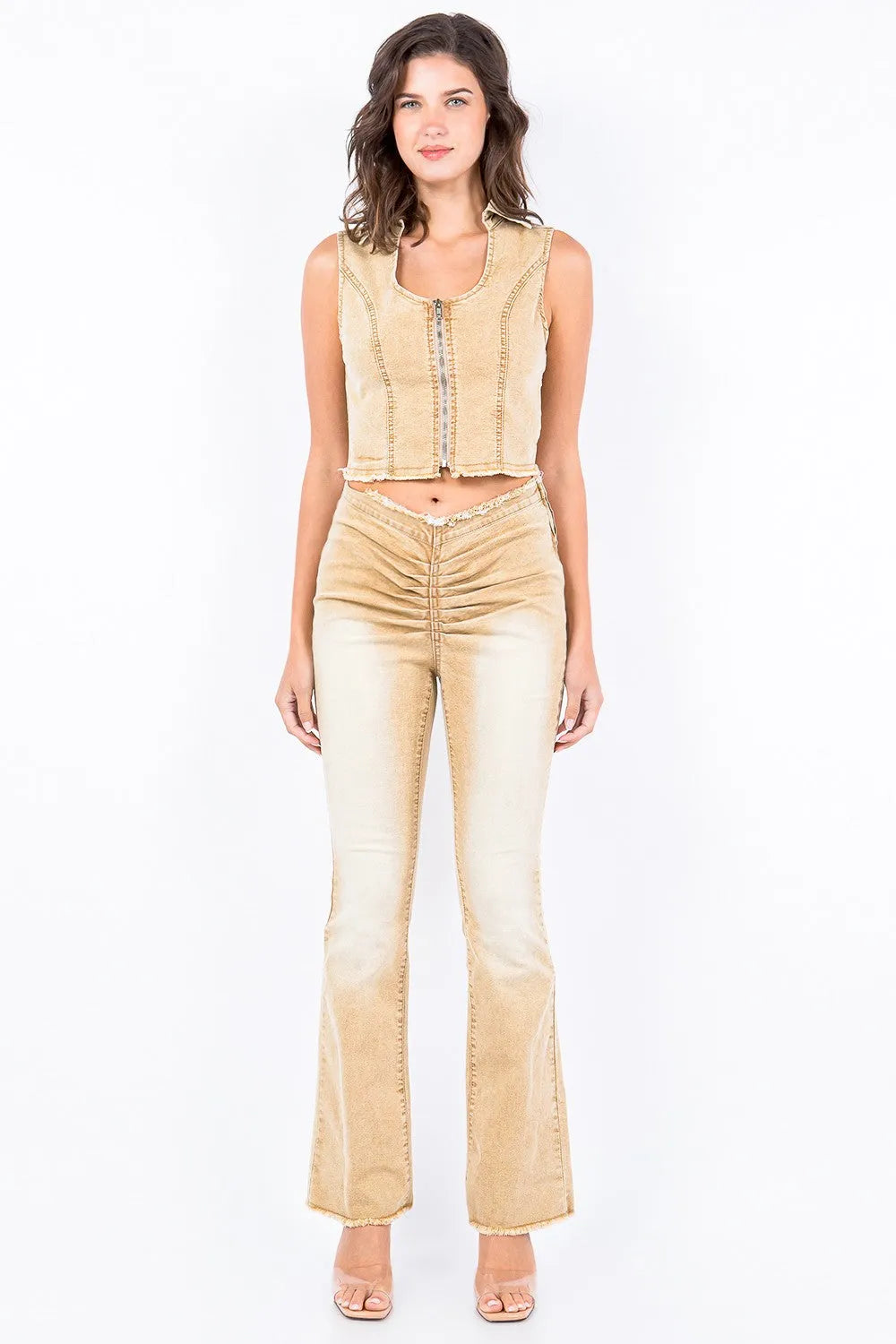 American Bazi V-Cut Ruched Flare Pants - Wellen Fashion