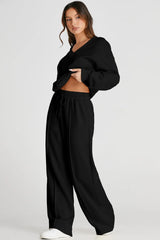 V-Neck Long Sleeve Top and Pants Active Set - Wellen Fashion