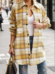 Pocketed Plaid Button Up Dropped Shoulder Shacket - Wellen Fashion