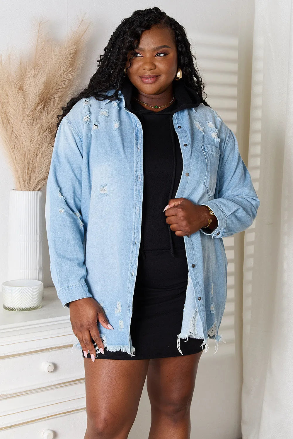 RISEN Full Size Distressed Raw Hem Denim Jacket - Wellen Fashion