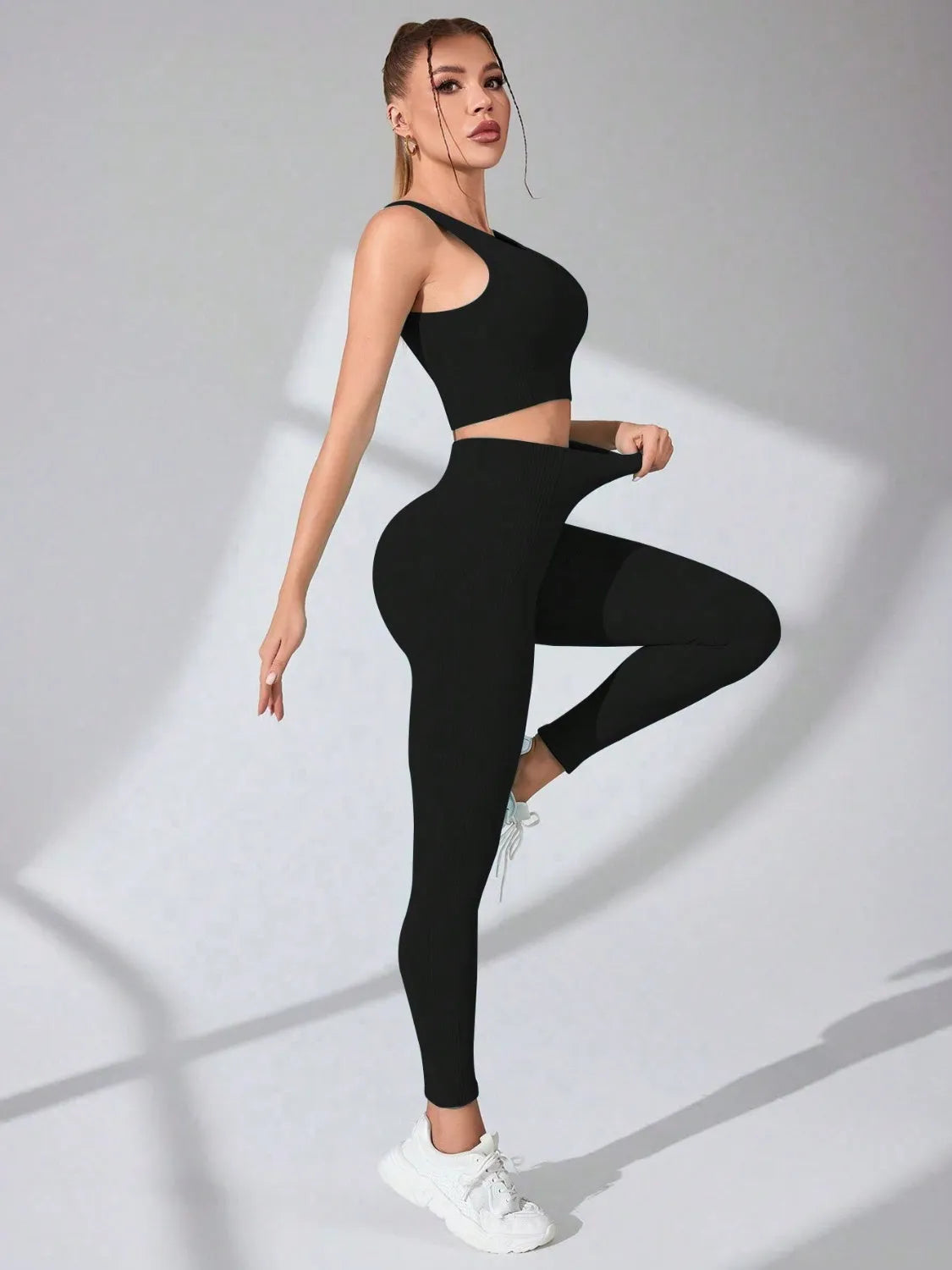 Scoop Neck Wide Strap Top and Pants Active Set - Wellen Fashion