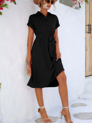 Buttoned Tie Waist Short Sleeve Dress - Wellen Fashion