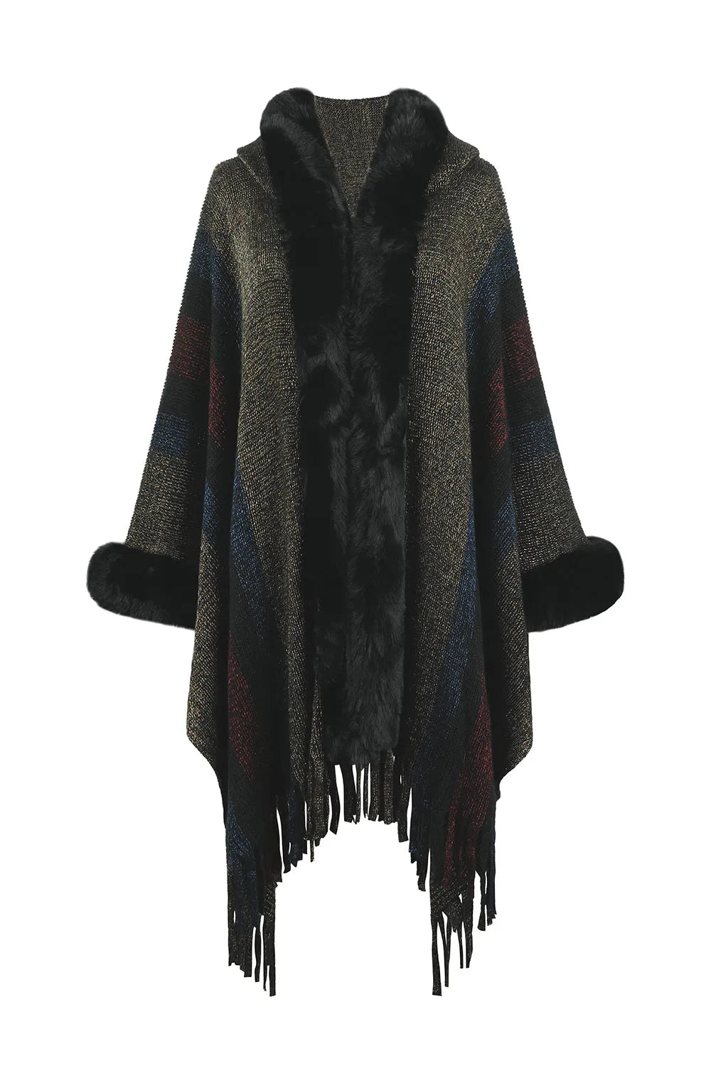 Color Block Fringe Detail Poncho - Wellen Fashion