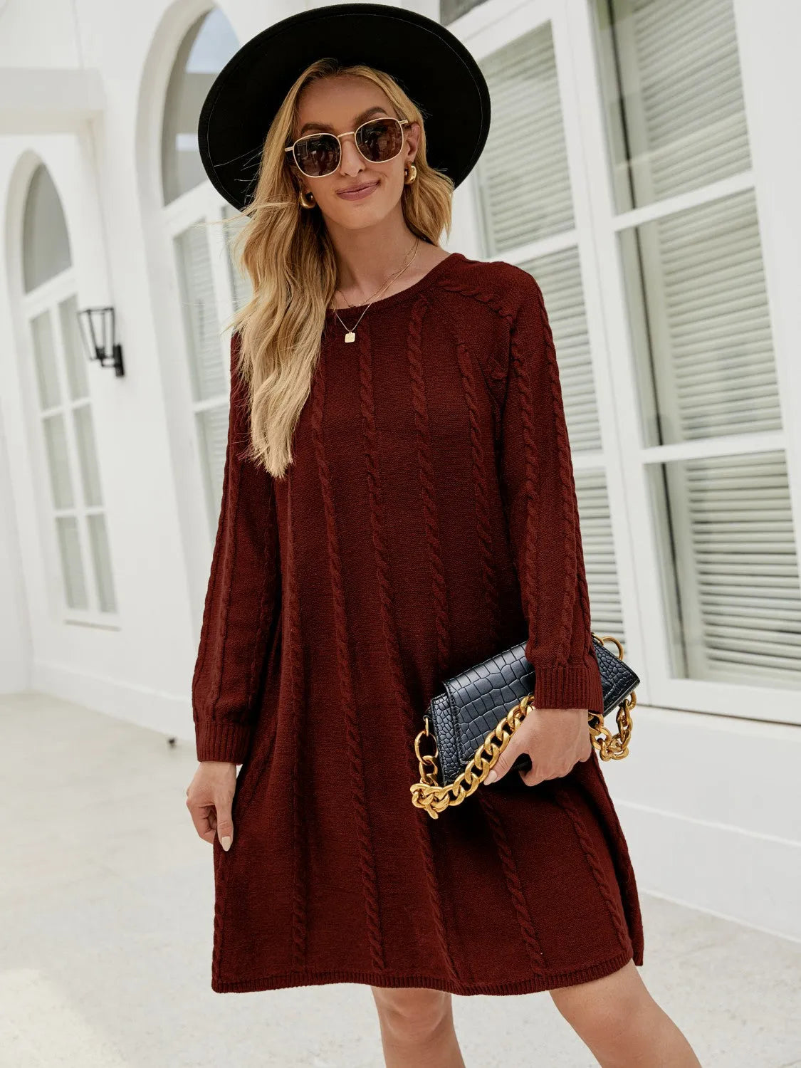 Cable-Knit Long Sleeve Sweater Dress - Wellen Fashion