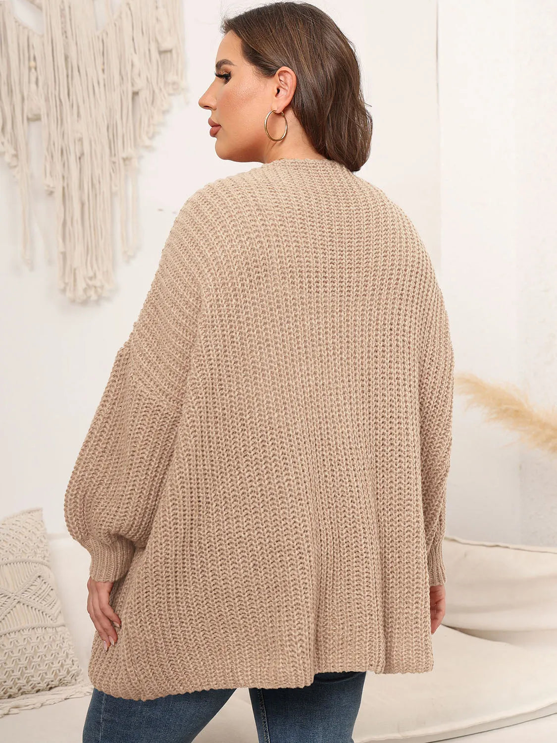 Plus Size Open Front Dropped Shoulder Knit Cardigan - Wellen Fashion