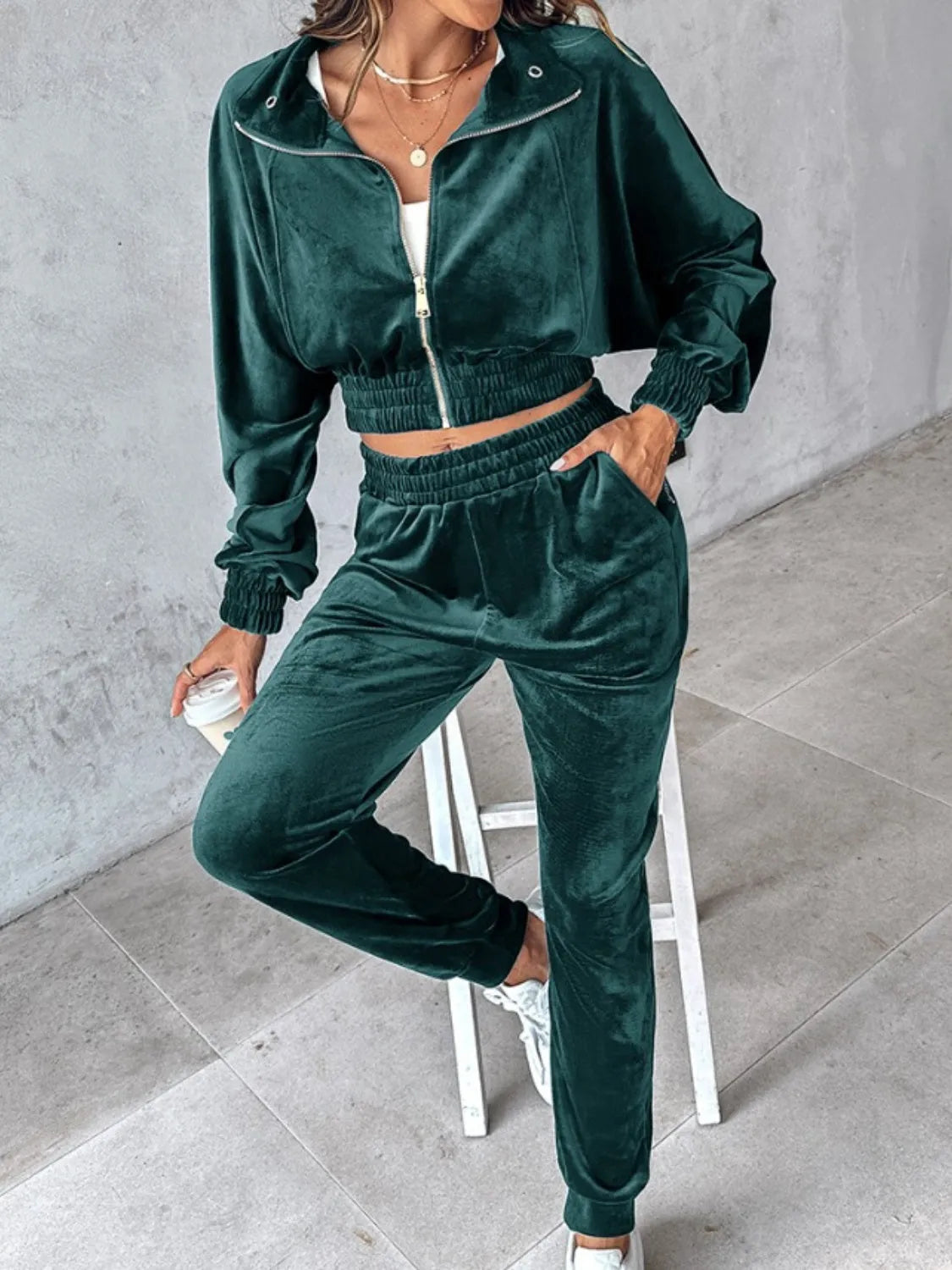 Zip Up Long Sleeve Cropped Top and Joggers Set - Wellen Fashion