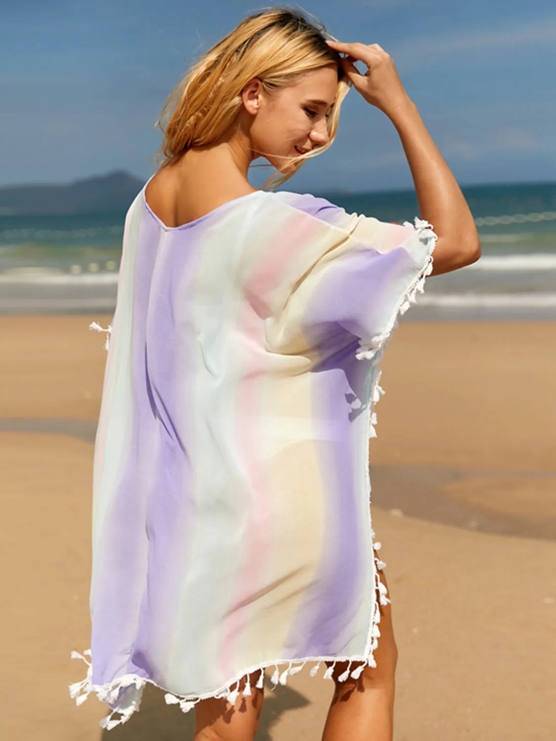 Tassel Boat Neck Half Sleeve Cover Up - Wellen Fashion