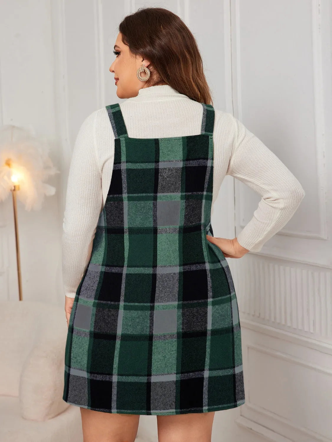 Honey Plus Size Plaid Wide Strap Overall Dress - Wellen Fashion