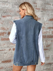 Raw Hem Sleeveless Button Up Denim Jacket - Wellen Fashion