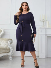 Honey Melo Apparel Plus Size Buttoned Round Neck Tie Belt Midi Dress - Wellen Fashion