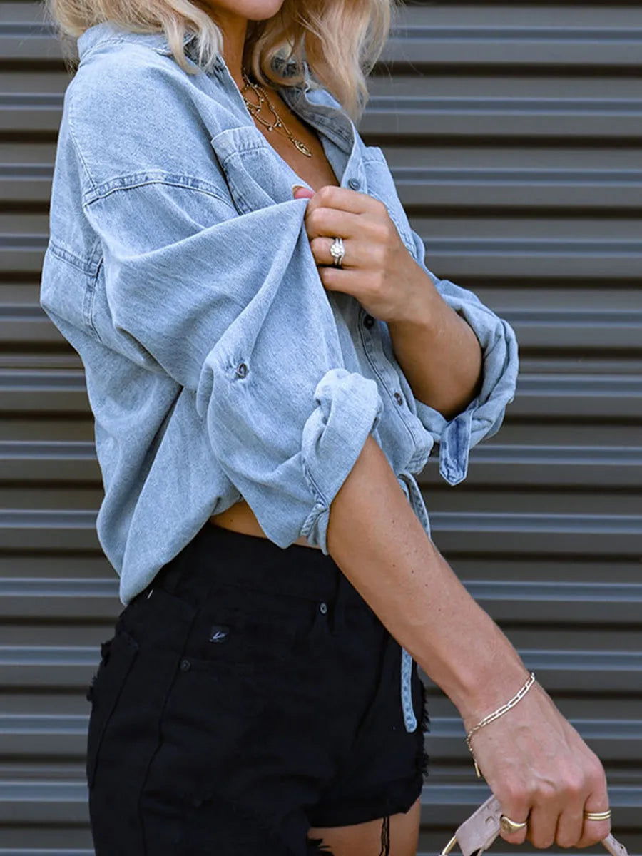 Tie Detail Denim Top - Wellen Fashion