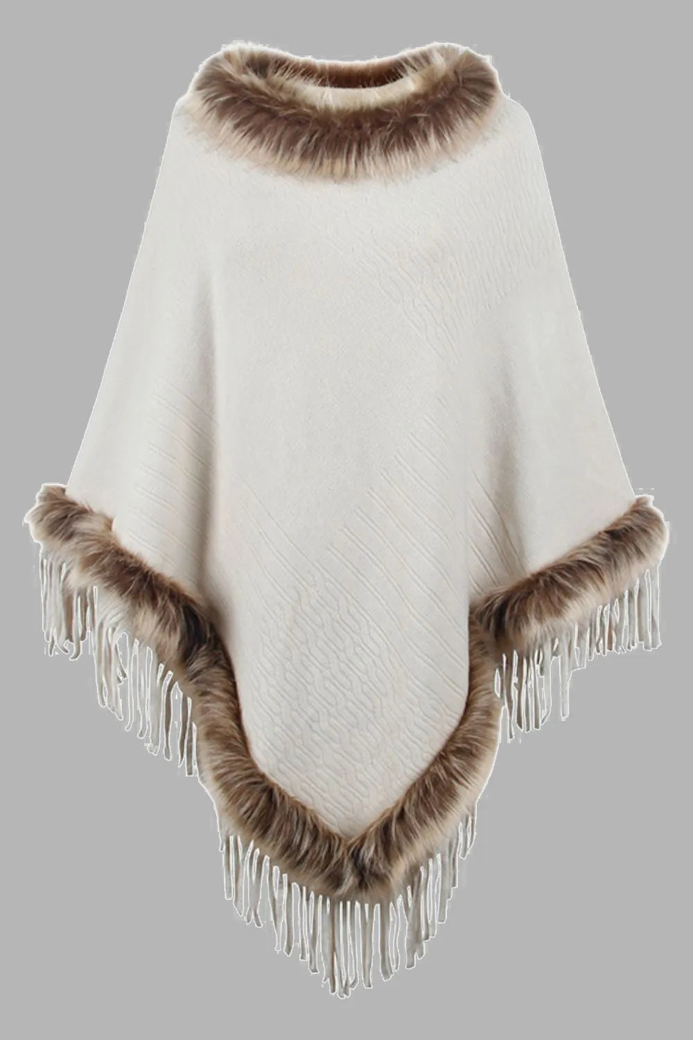 Faux Fur Trim Fringed Poncho - Wellen Fashion