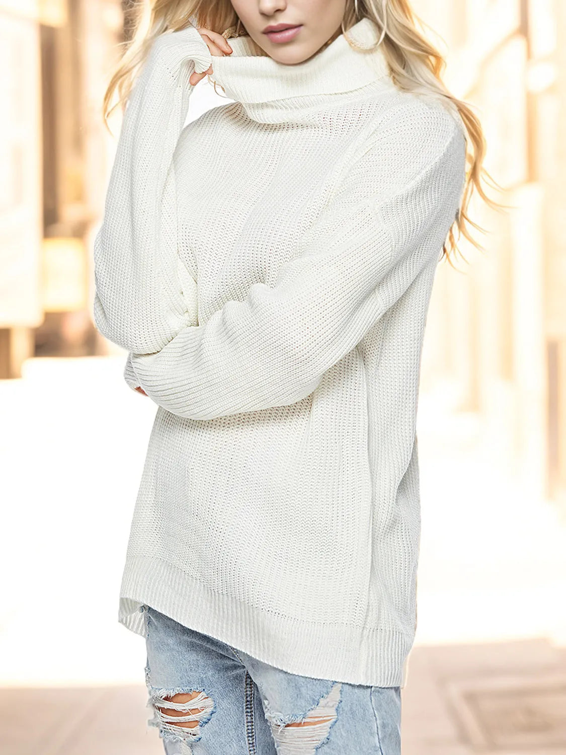 Turtleneck Drop Shoulder Long Sleeve Sweater - Wellen Fashion