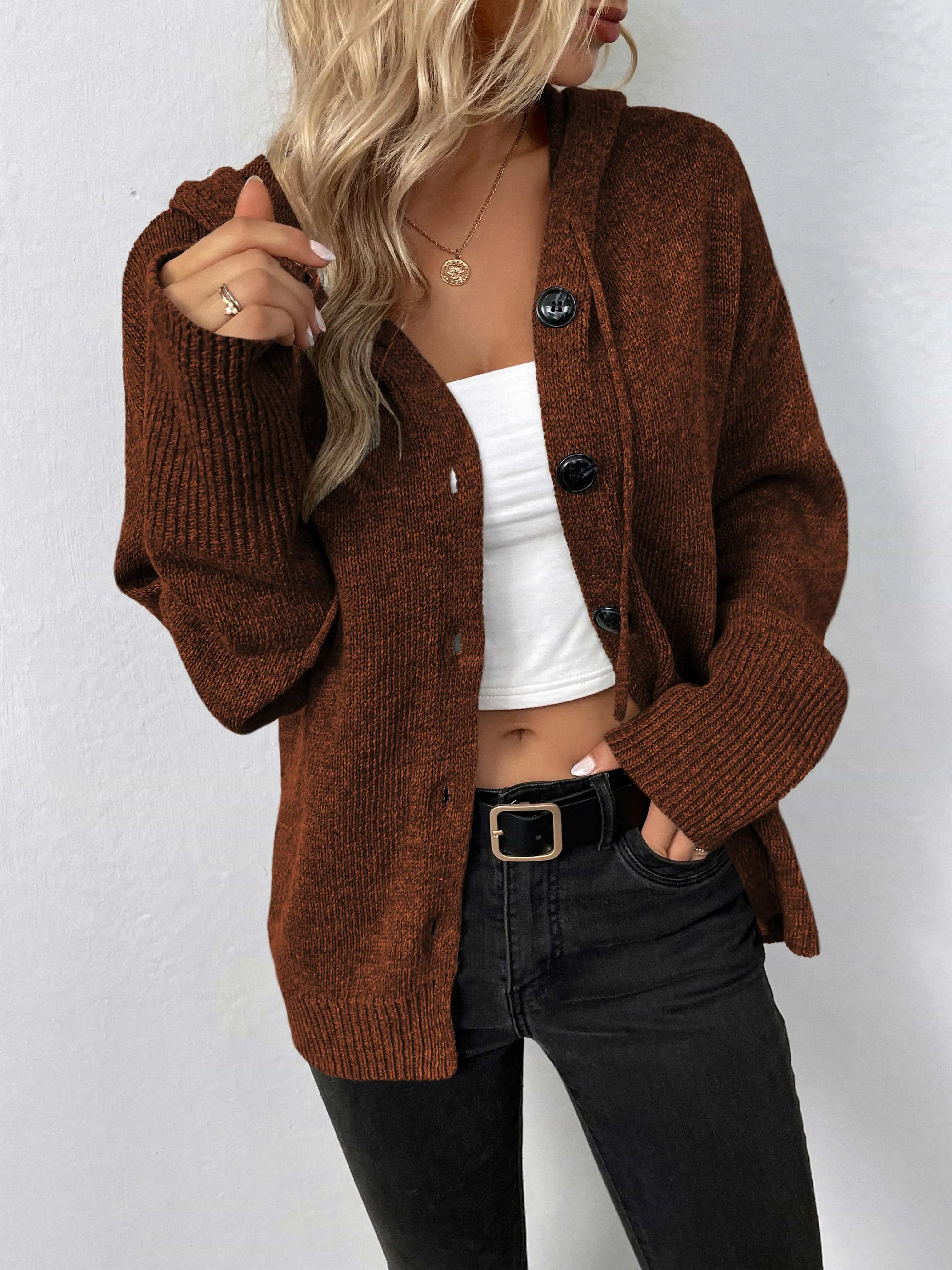 Button-Down Long Sleeve Hooded Sweater - Wellen Fashion