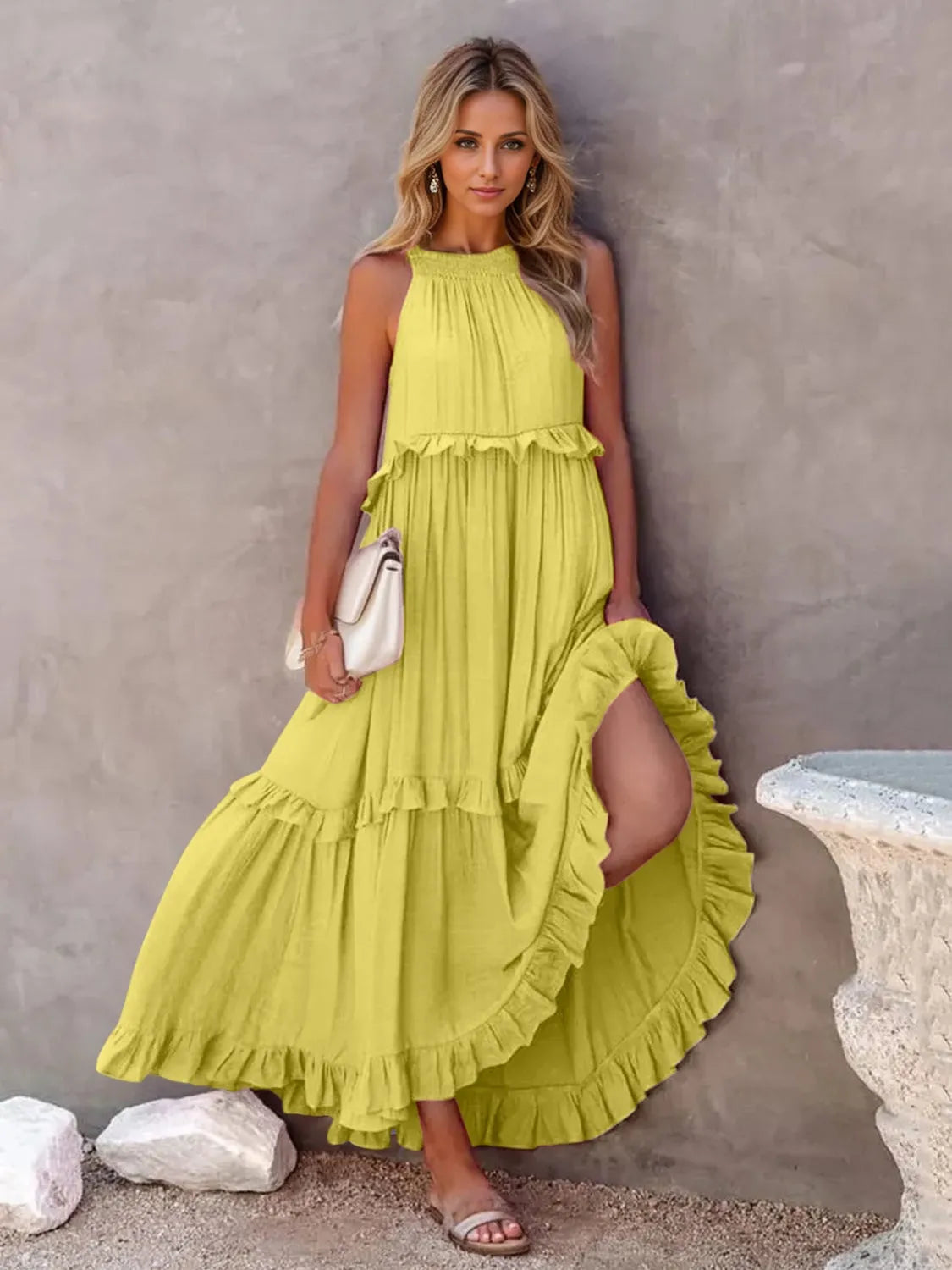 Ruffled Sleeveless Tiered Maxi Dress with Pockets - Wellen Fashion