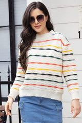 Striped Round Neck Long Sleeve Sweater - Wellen Fashion