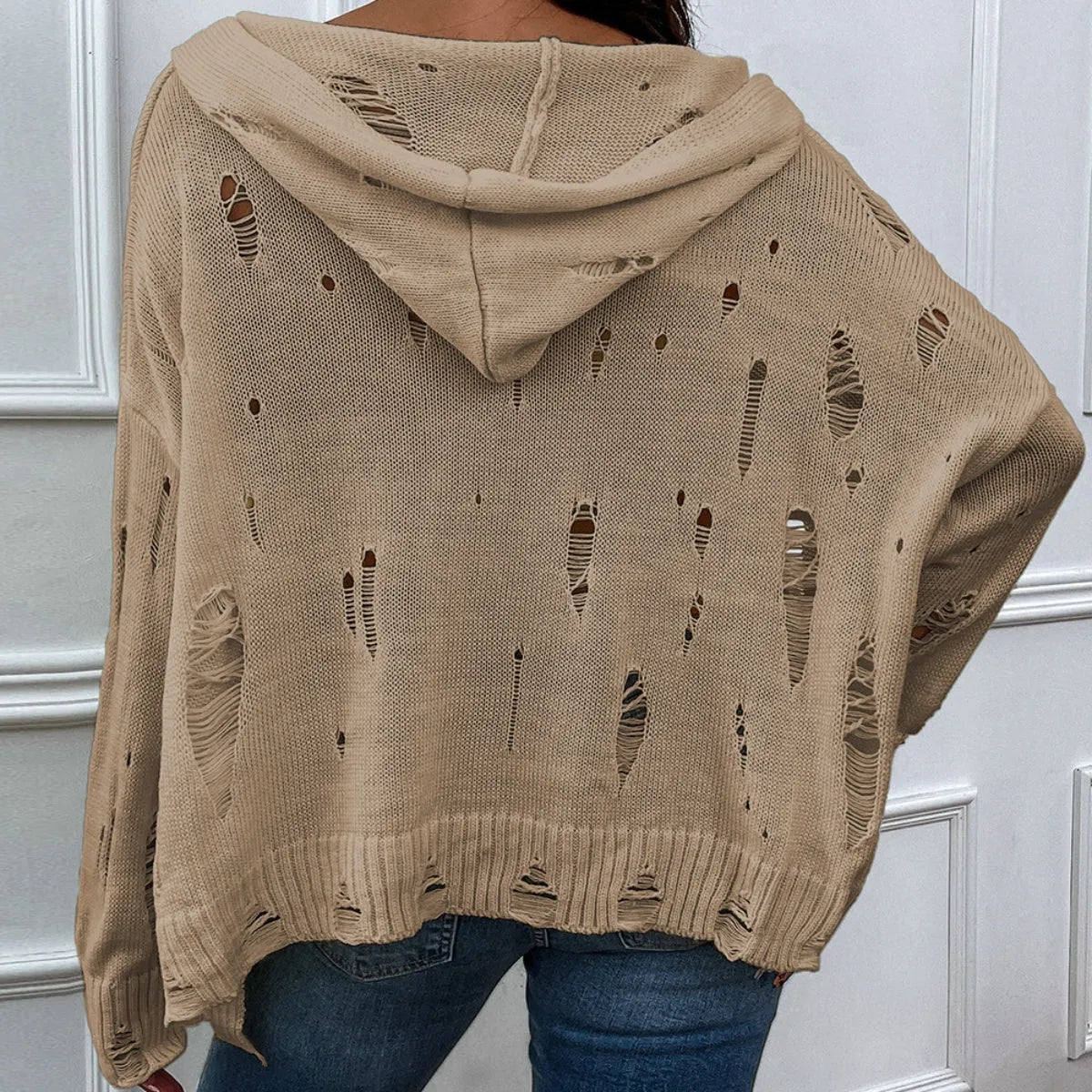 Distressed Slit Drop Shoulder Hooded Sweater - Wellen Fashion