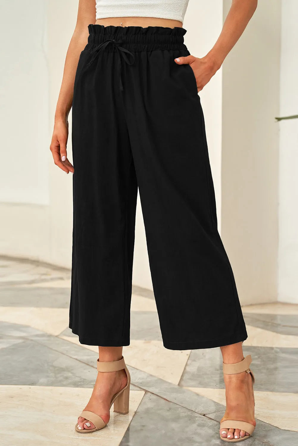 Drawstring Paperbag Waist Wide Leg Pants - Wellen Fashion