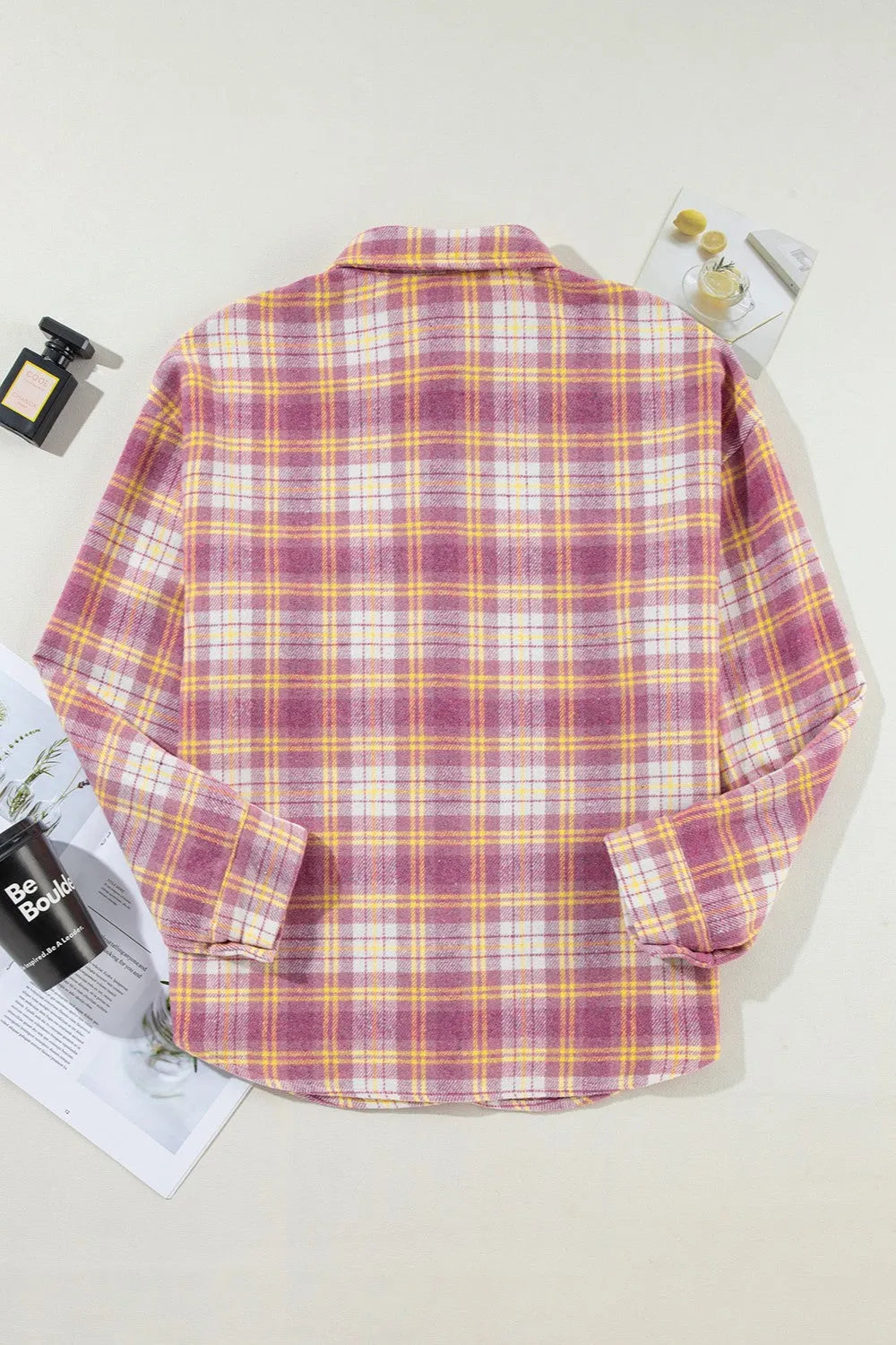 Plaid Collared Neck Long Sleeve Shacket - Wellen Fashion