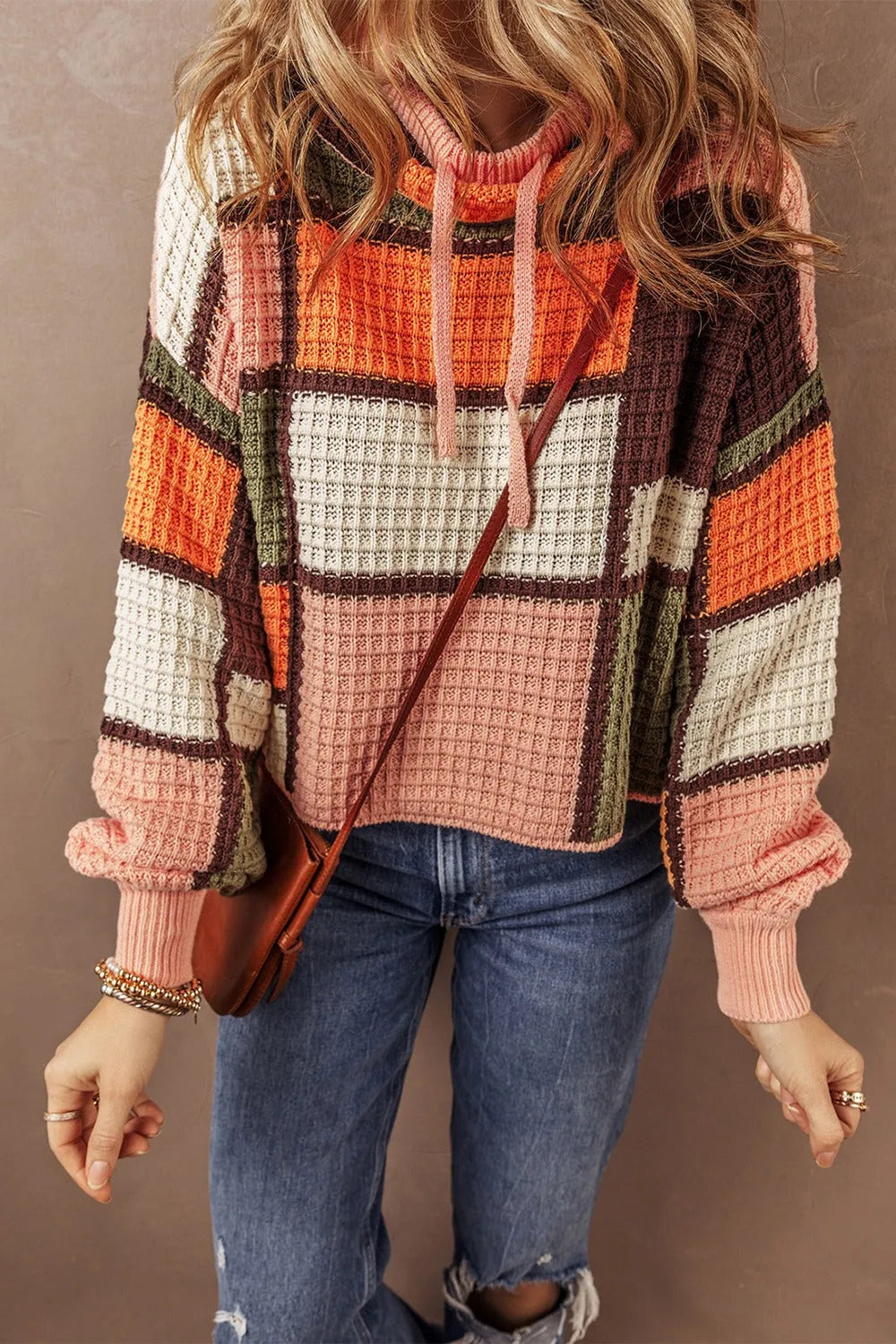 Drawstring Color Block Long Sleeve Sweater - Wellen Fashion