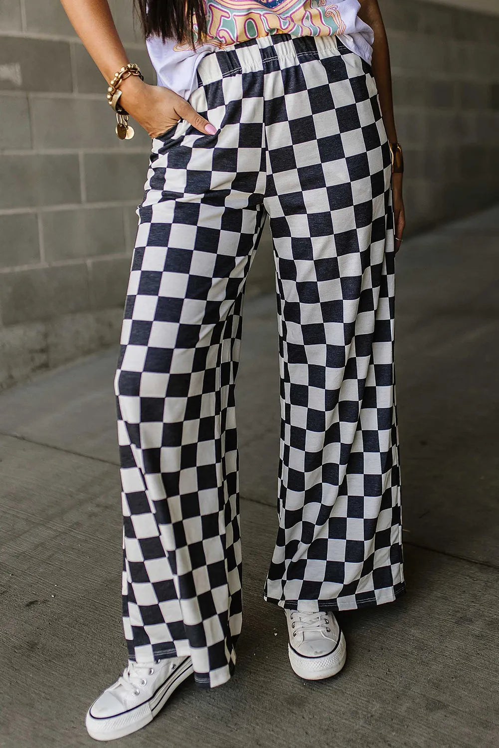 Checkered Wide Leg Pants - Wellen Fashion