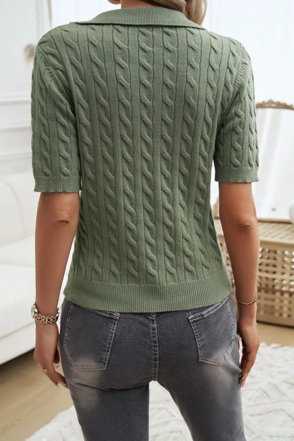 Cable-Knit Short Sleeve Sweater - Wellen Fashion