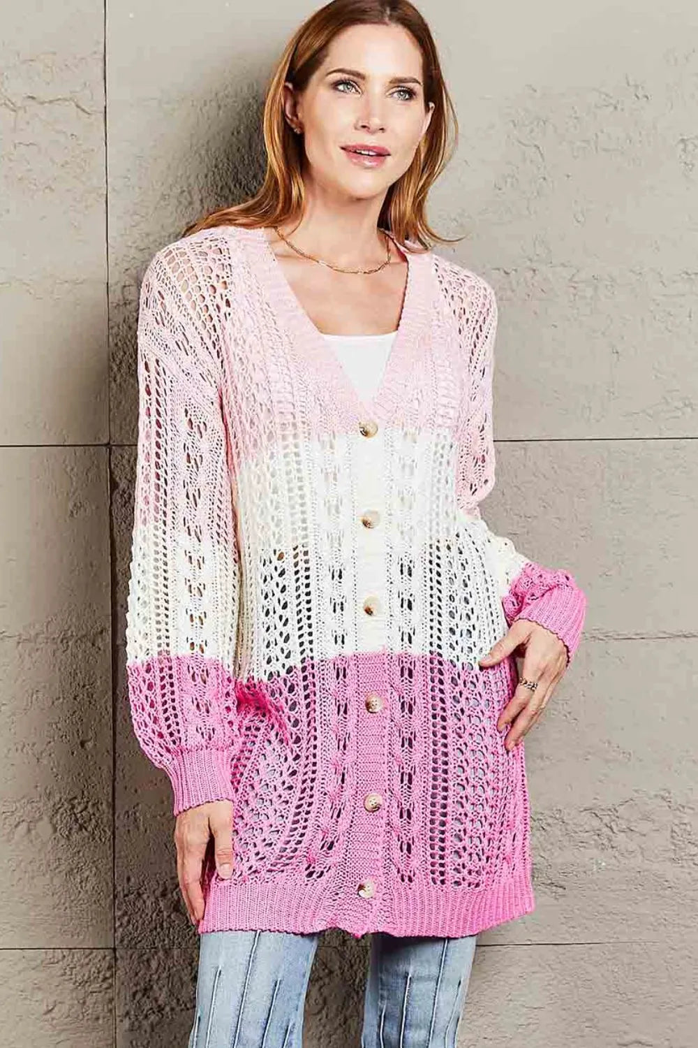 Double Take Openwork Ribbed Cuff Longline Cardigan - Wellen Fashion