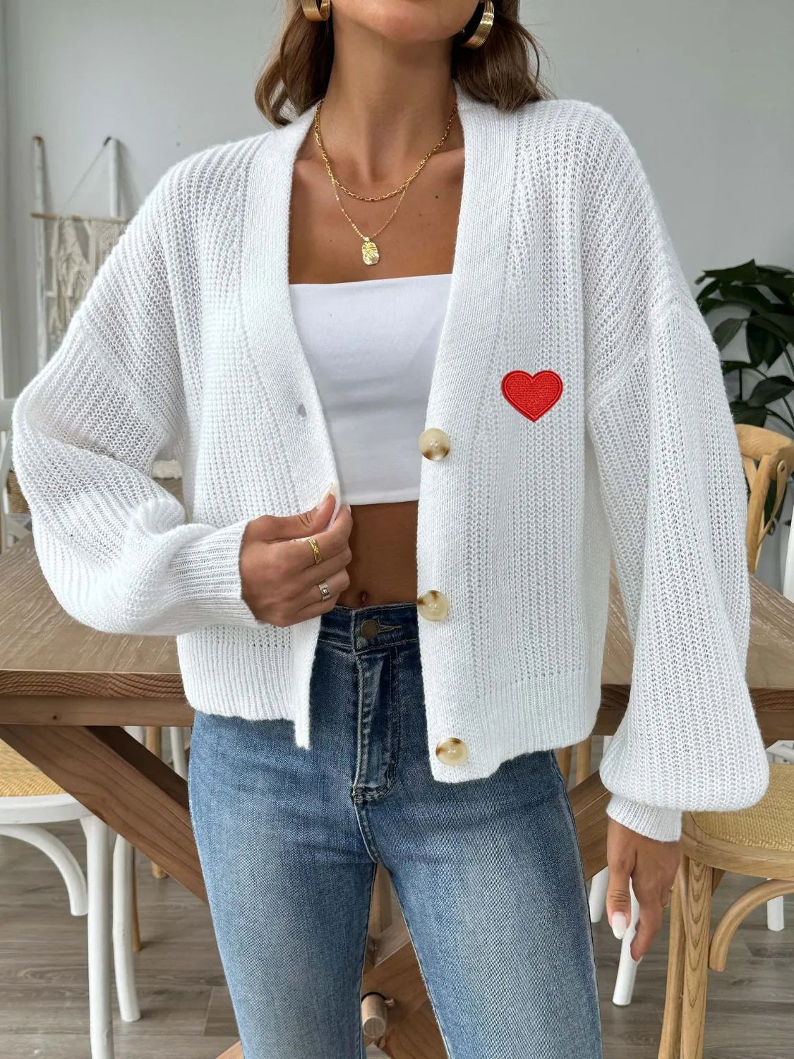 Heart Button Down V-Neck Long Sleeve Cardigan - Wellen Fashion