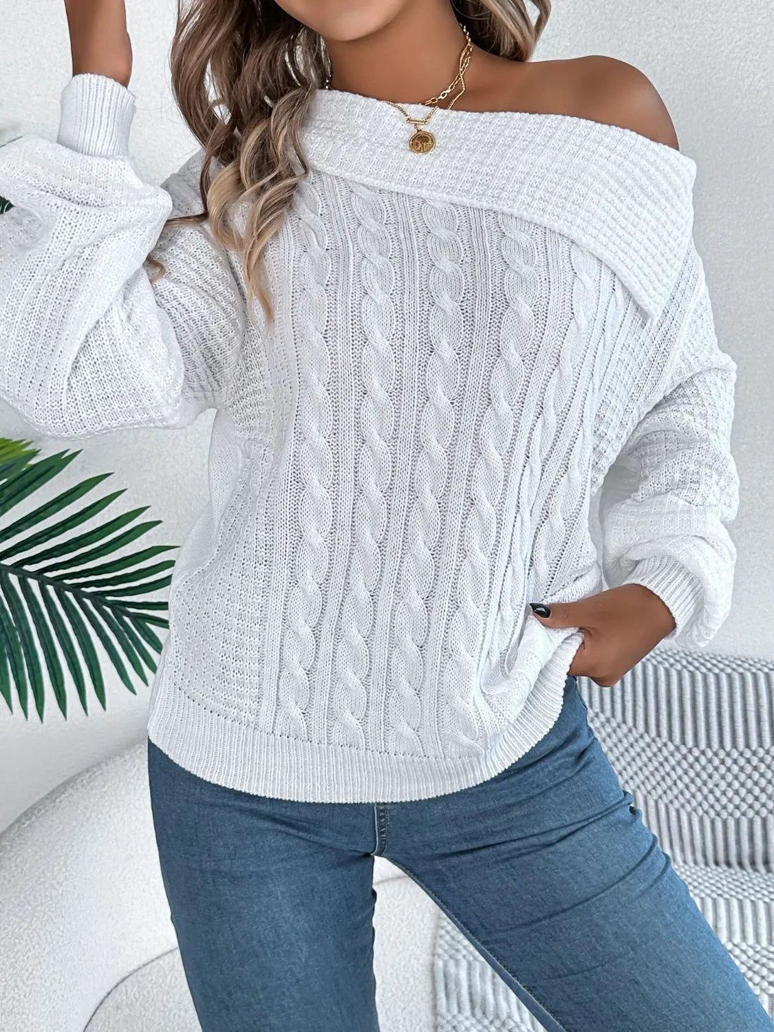 Cable-Knit One Shoulder Long Sleeve Sweater - Wellen Fashion