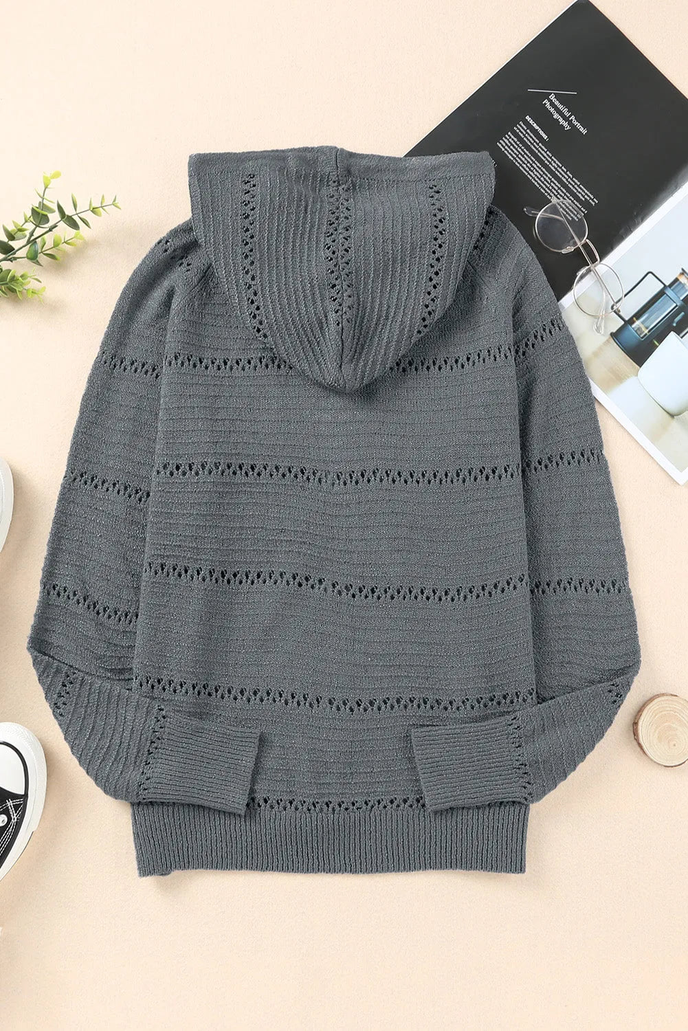 Zip-Up Raglan Sleeve Openwork Hooded Cardigan - Wellen Fashion