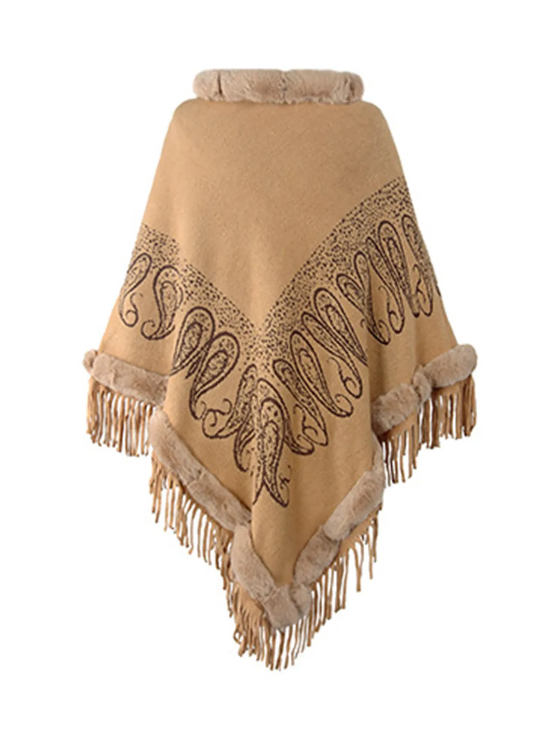 Graphic Fringe Cape Sleeve Poncho - Wellen Fashion