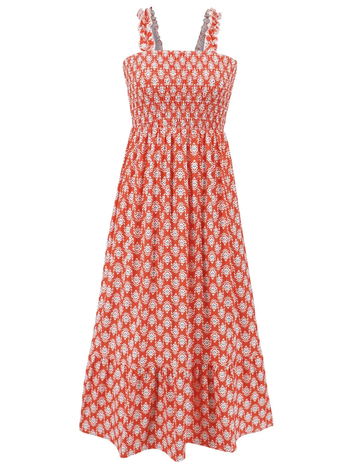 Smocked Printed Square Neck Sleeveless Dress - Wellen Fashion