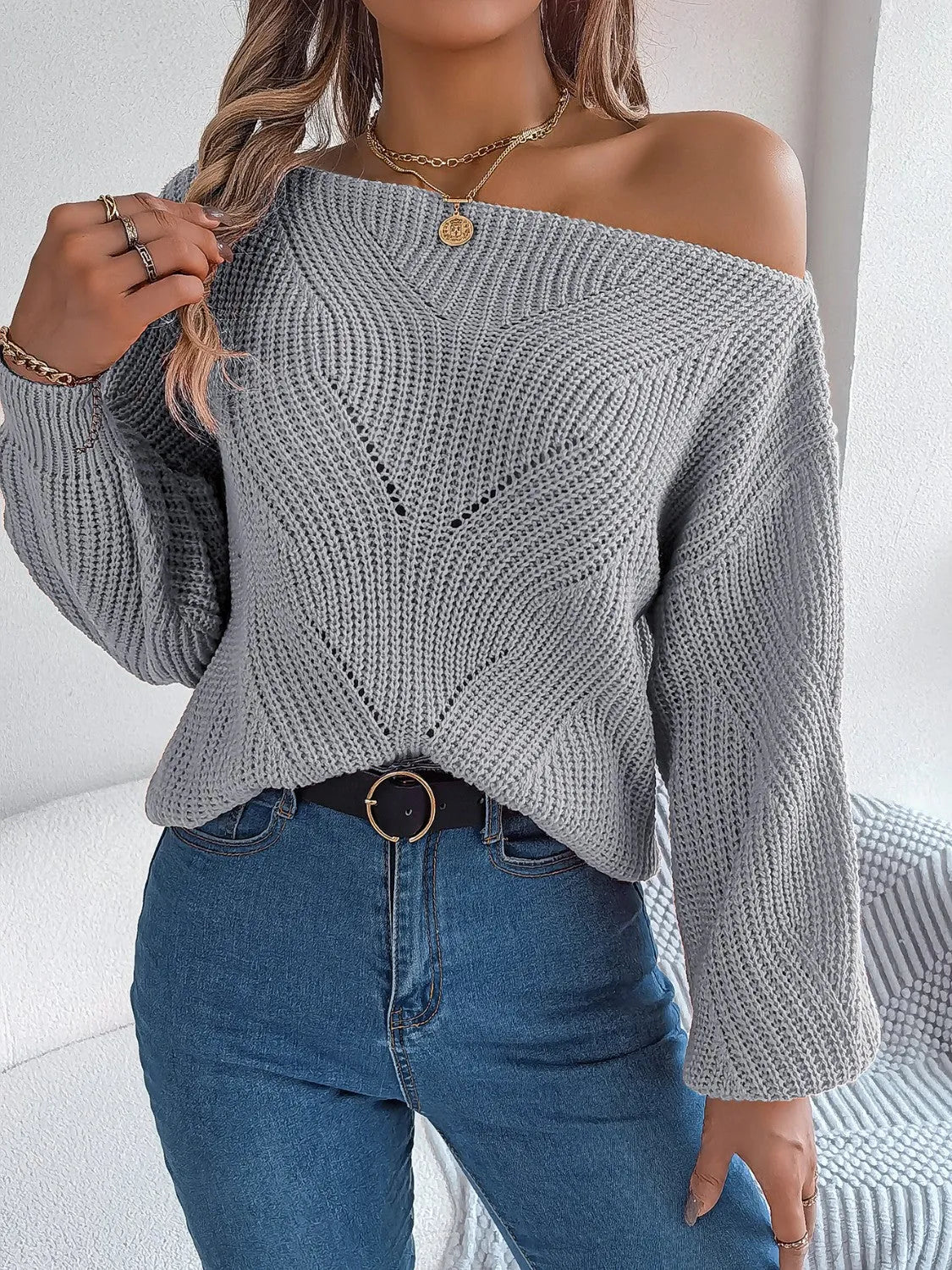 Openwork Long Sleeve Sweater - Wellen Fashion