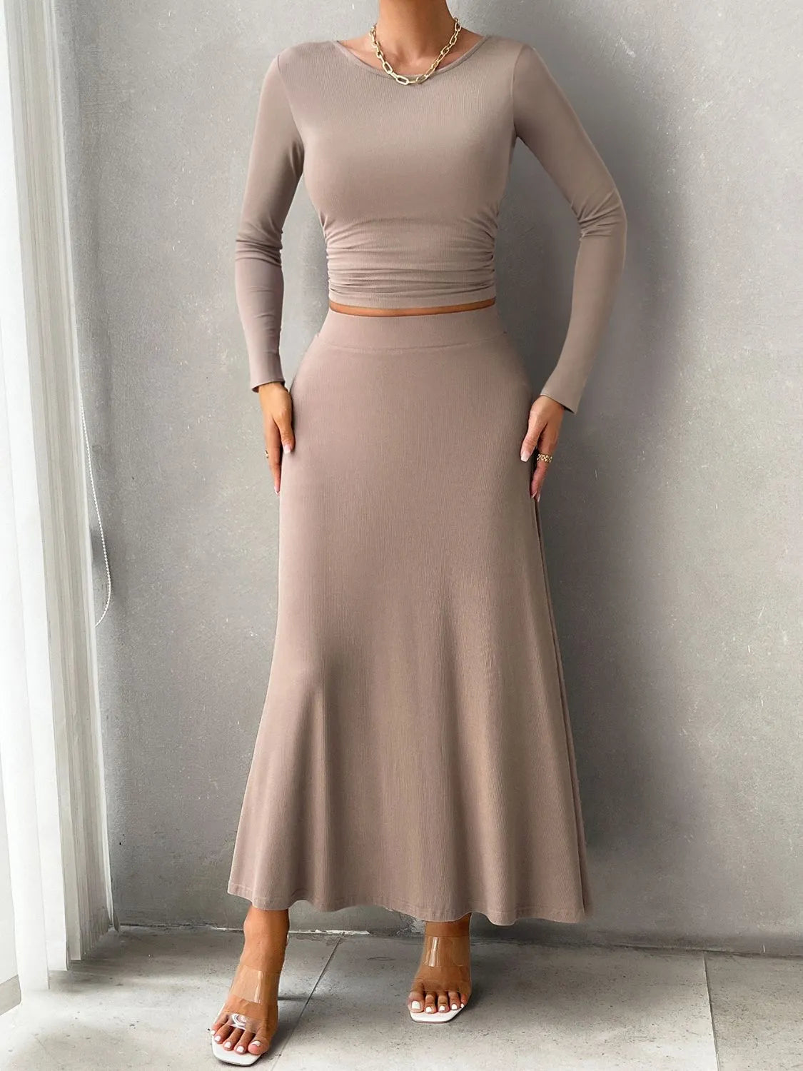 Devine Round Neck Long Sleeve Top and Skirt Set - Wellen Fashion