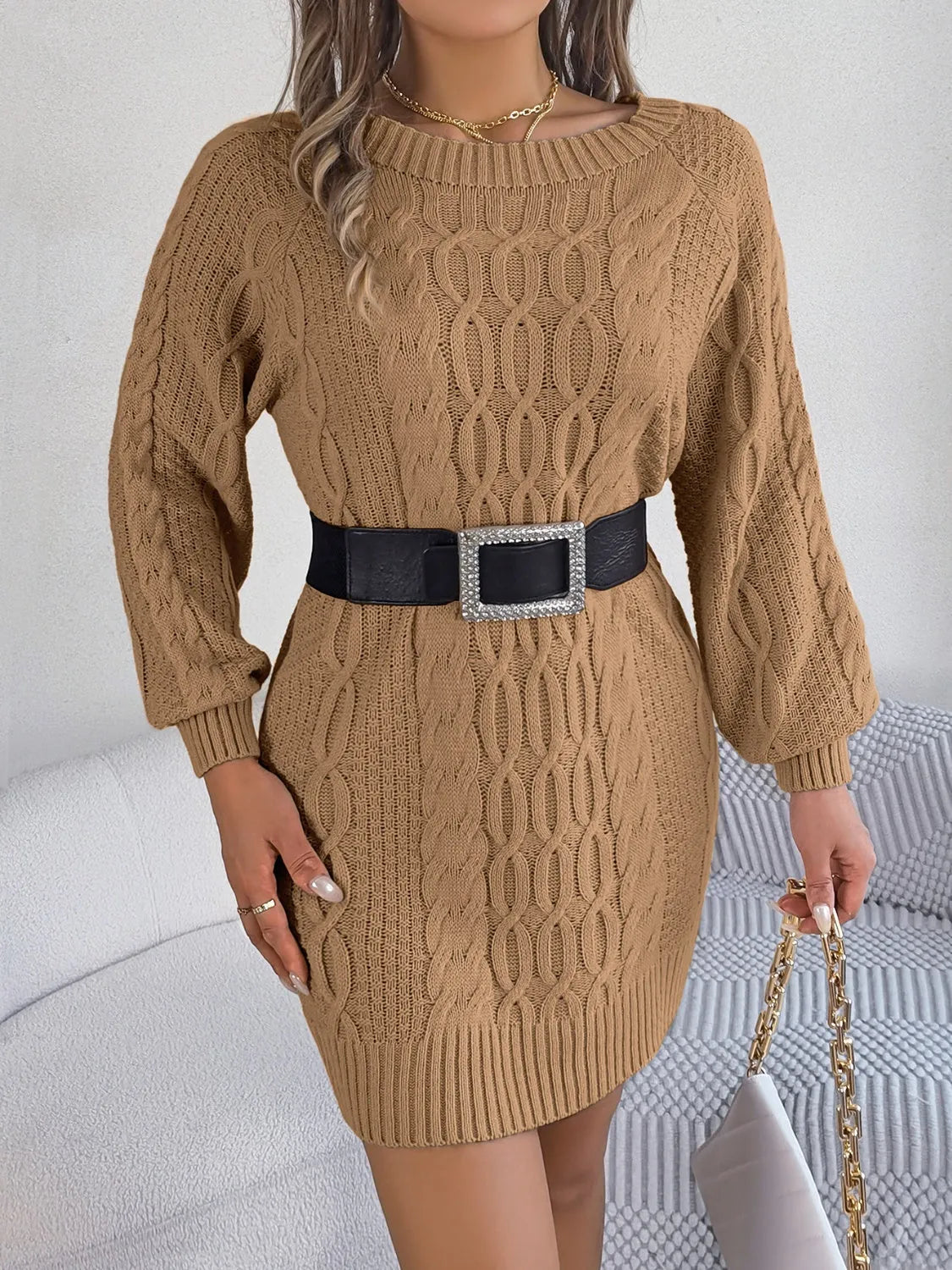 Cable-Knit Round Neck Sweater Dress - Wellen Fashion