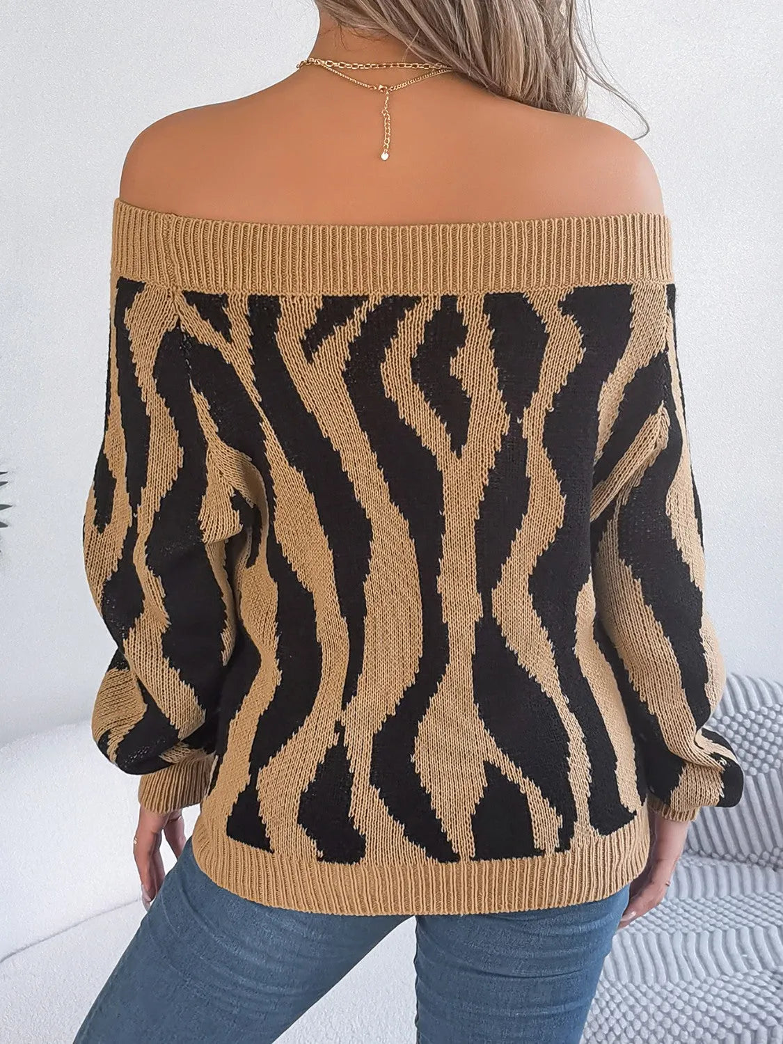 Off-Shoulder Animal Print Long Sleeve Sweater - Wellen Fashion