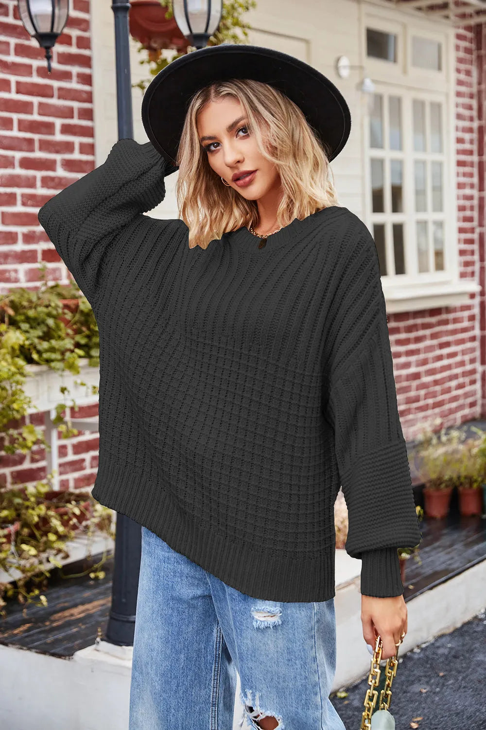 Ribbed Drop Shoulder Lantern Sleeve Sweater - Wellen Fashion