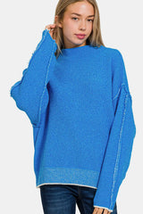 Zenana Exposed Seam Mock Neck Long Sleeve Sweater - Wellen Fashion