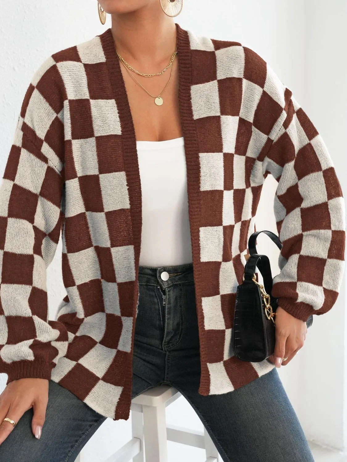 Checkered Open Front Long Sleeve Cardigan - Wellen Fashion