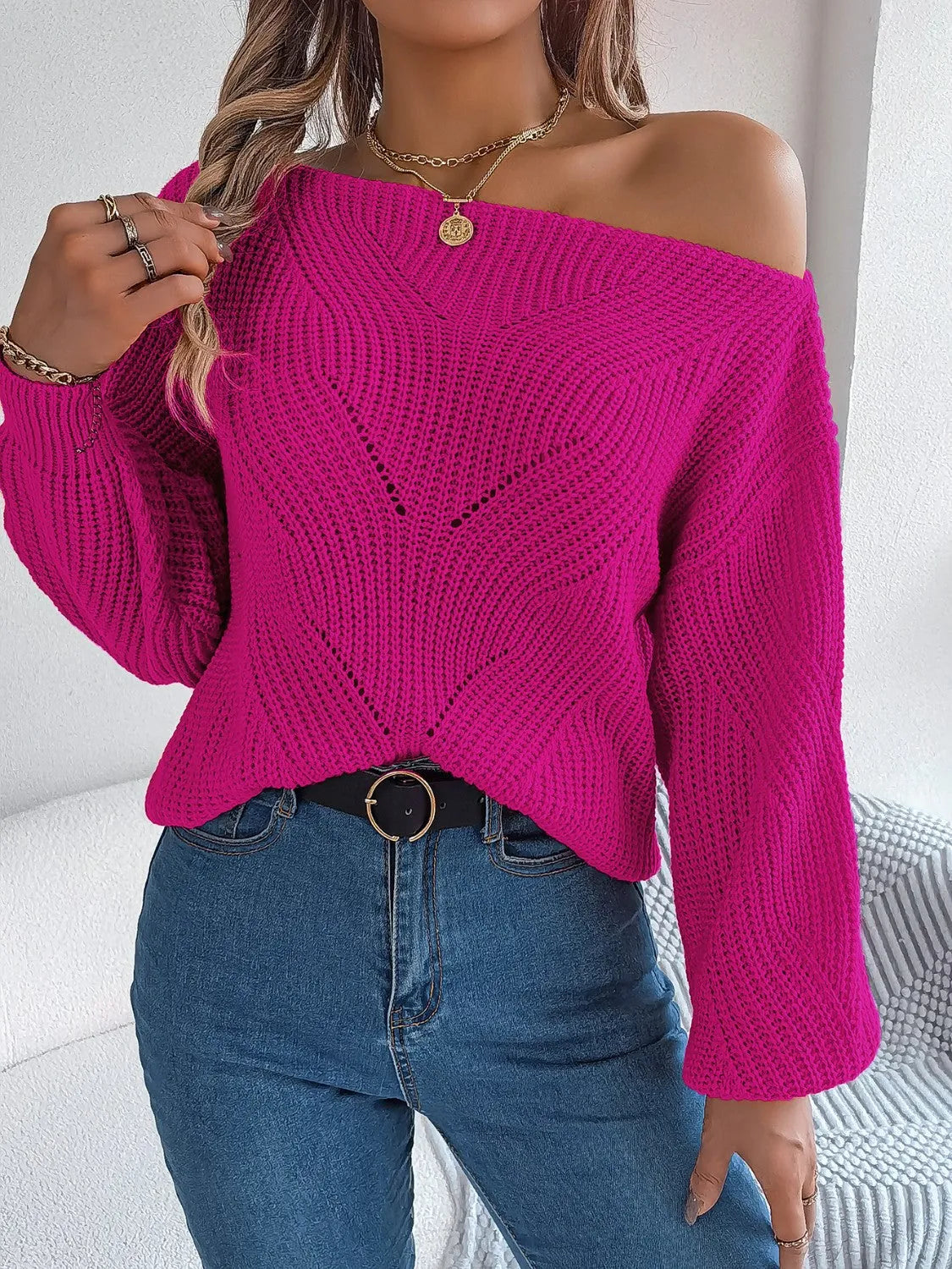 Openwork Long Sleeve Sweater - Wellen Fashion