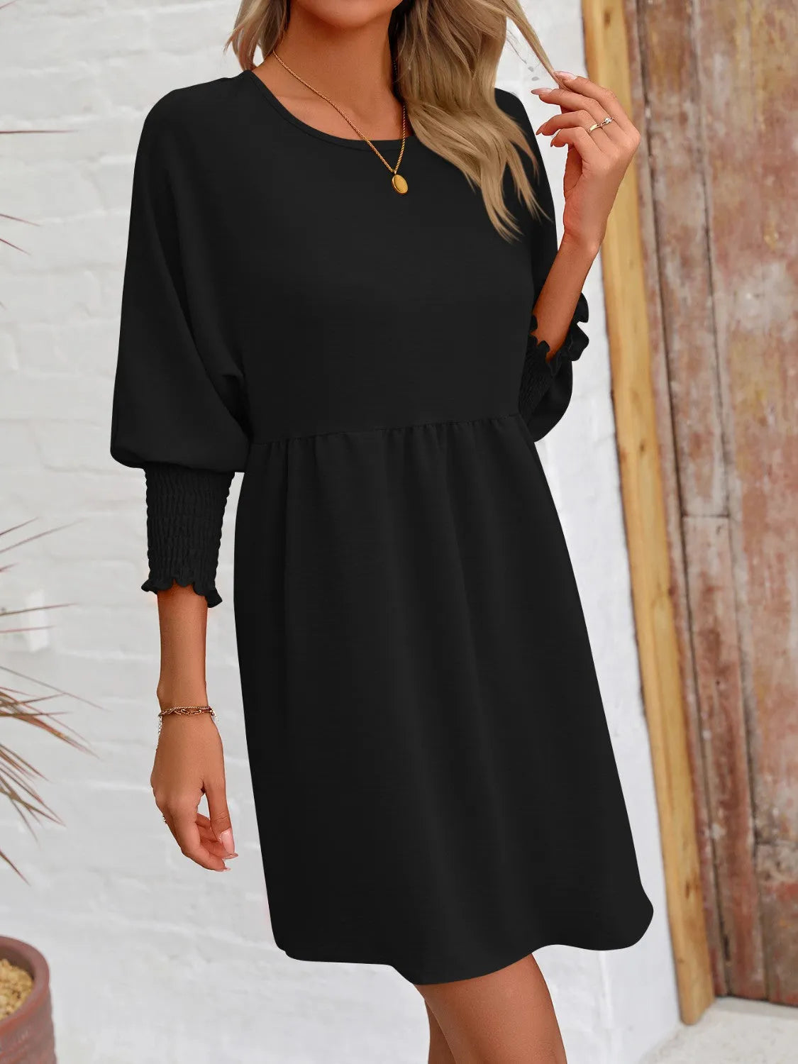 Round Neck Lantern Sleeve Mini Dress - Wellen Fashion