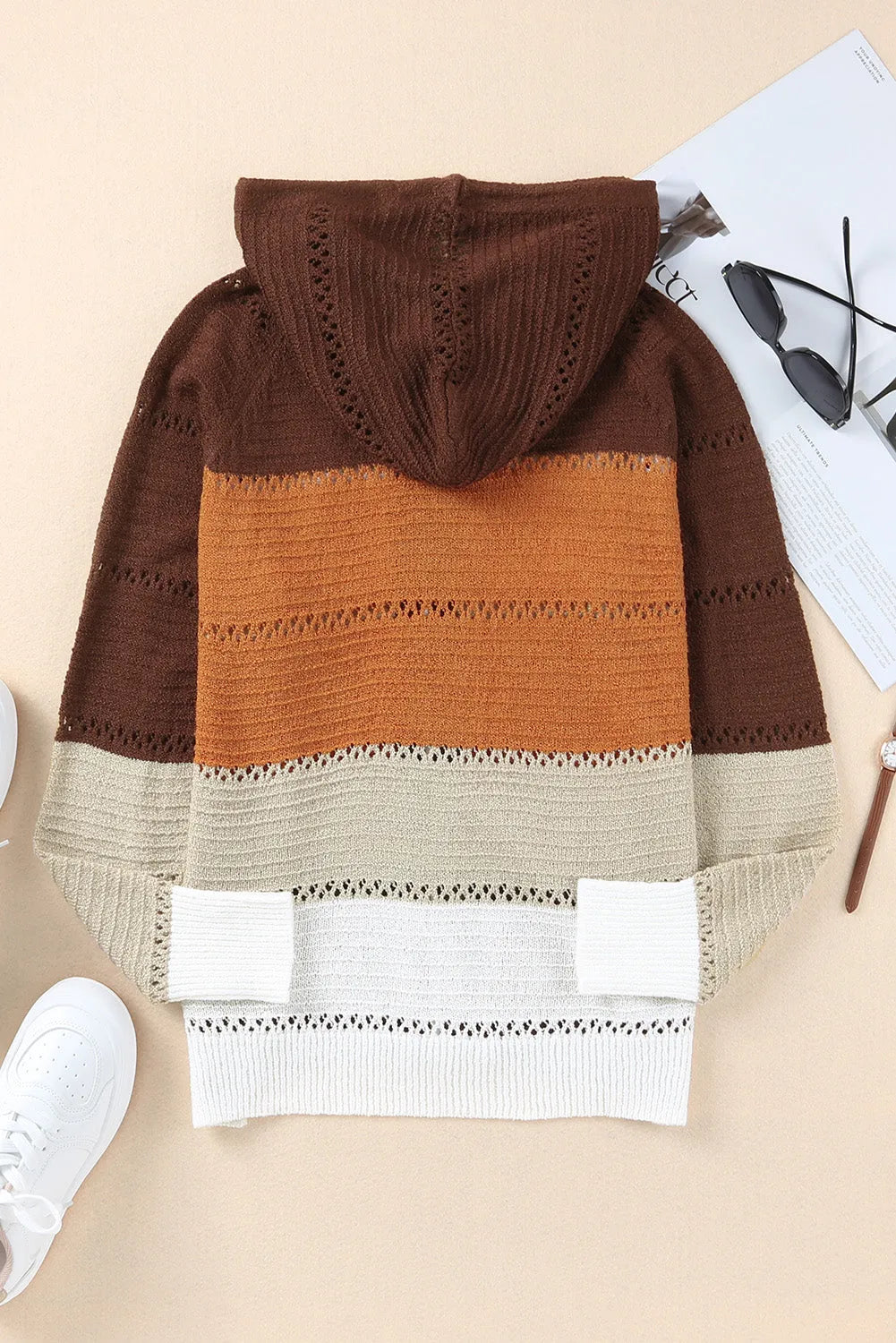 Zip-Up Raglan Sleeve Openwork Hooded Cardigan - Wellen Fashion