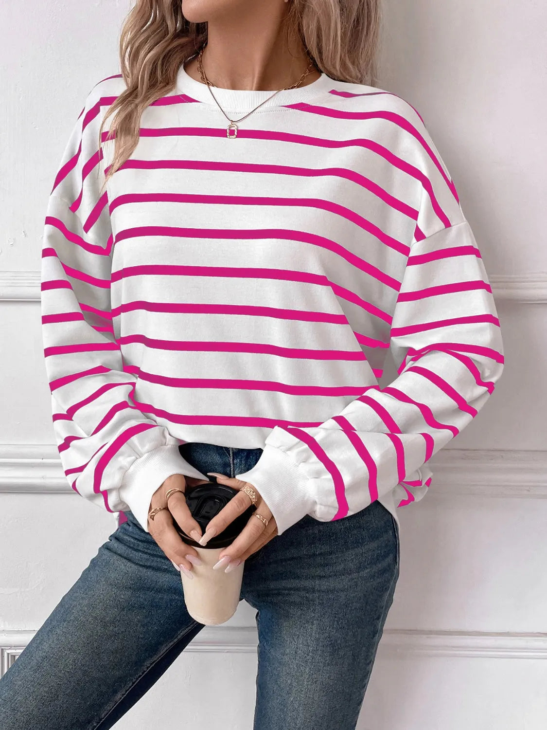 Lovelet Striped Round Neck Long Sleeve Sweatshirt - Wellen Fashion