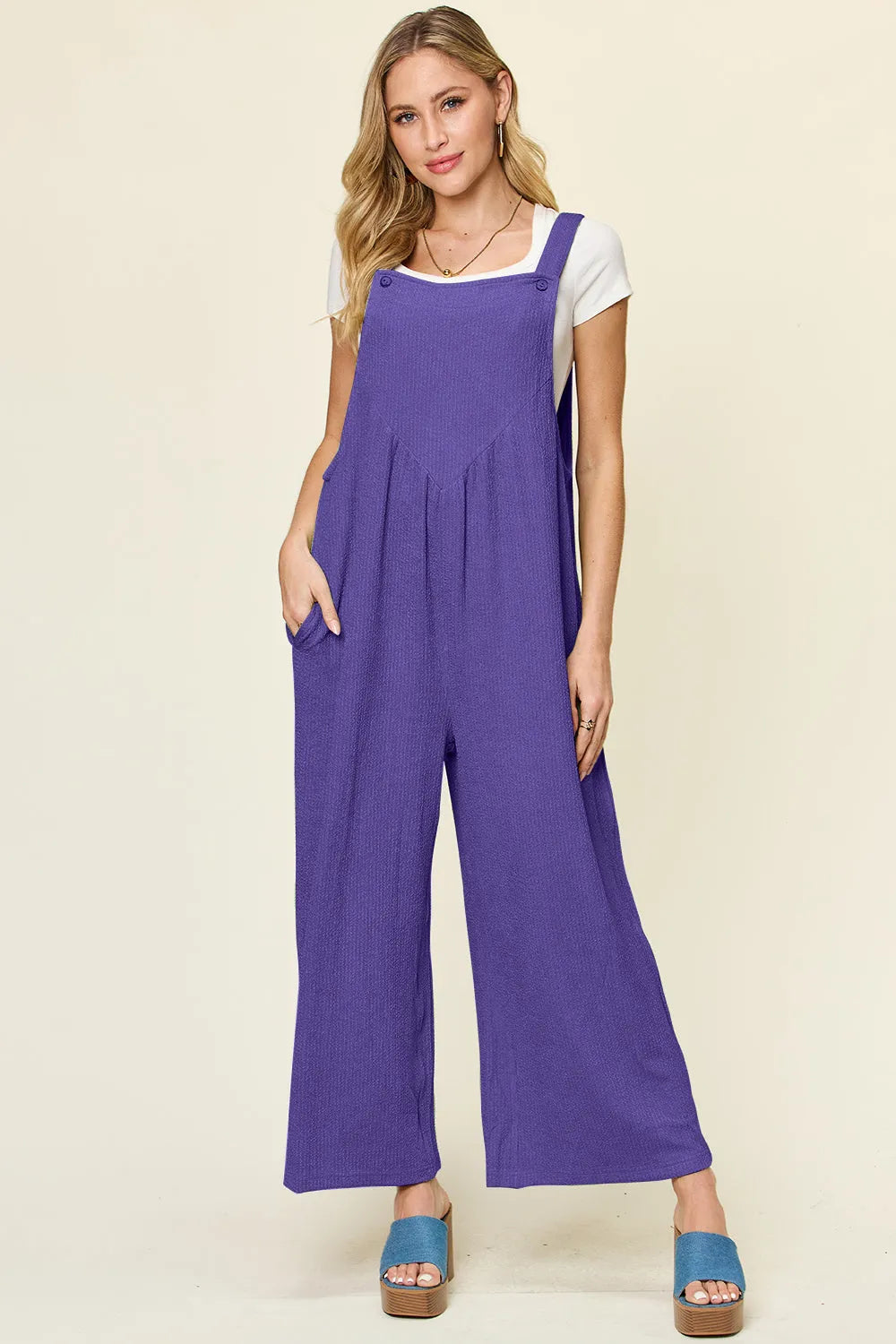 Double Take Full Size Texture Sleeveless Wide Leg Overall - Wellen Fashion