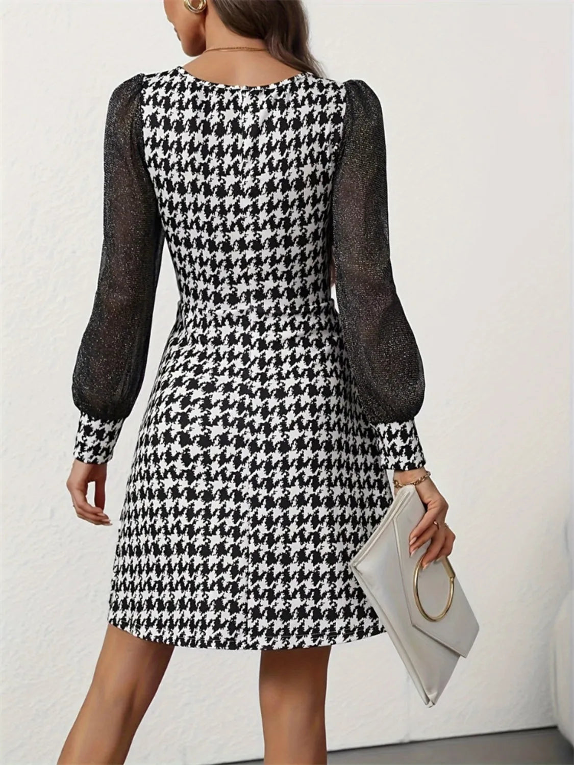 Houndstooth Square Neck Long Sleeve Mini Dress