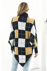 Plaid Turtleneck Dolman Sleeve Poncho - Wellen Fashion